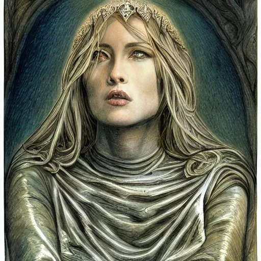 Image similar to most beautiful jeanne d'arc in the style of william blake, terese nielsen, detailed, intricate, beautiful faces, steve argyle, loss of sanity, ecclesial wolf's den pastoral fantastic reality