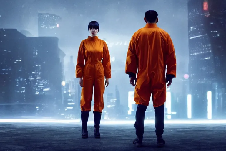 Image similar to a still from the film bladerunner 2 0 4 9 depicting haruka abe wearing an orange prison jumpsuit. behind her a gigantic holographic face can be seen. sci fi, futuristic,