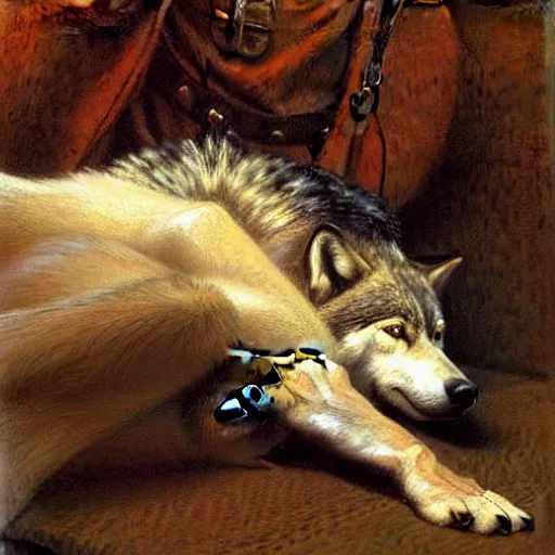 Image similar to a portrait of a wolf o'donnell, hairy, feet, tail. highly detailed painting by gaston bussiere, craig mullins, j. c. leyendecker, furry