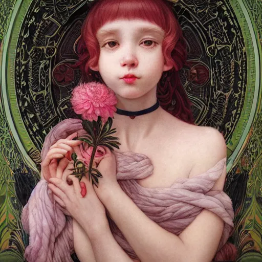 Image similar to white cat girl, botanical, portrait face, colorful, kupka, intricate, miles johnston, kuroda seiki, cynical realism, ozabu, john william godward, painterly, yoshitaka amano, moebius, miles johnston, louise zhang, james jean, mark ryden lowbrow pop surrealism art style