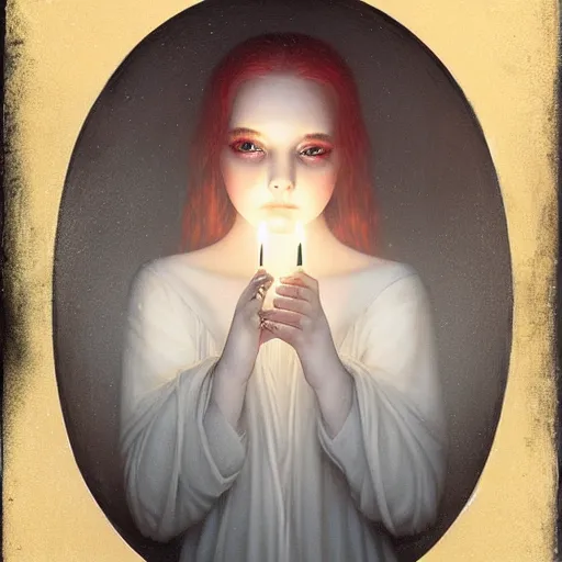Prompt: pale young ghost girl, tom bagshaw, candlelight