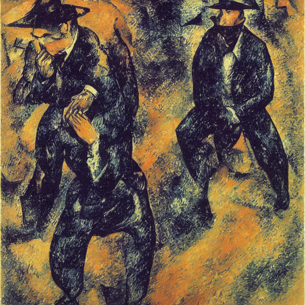 Prompt: Man in a business suit with a bag covering his head, by Boccioni