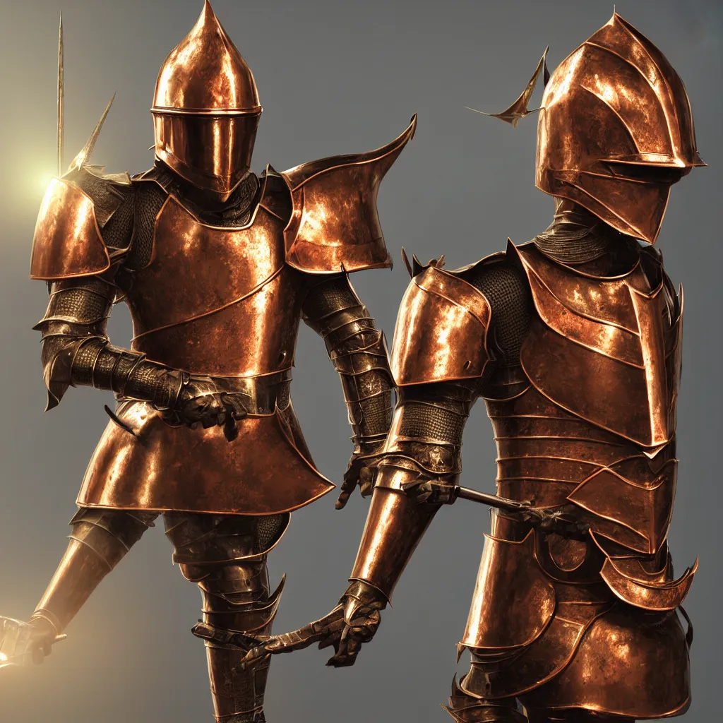 Image similar to of a 3 d rendering realistic illustration of a knight character that has a helmet that is made of copper and gold, beautiful sculpted details, cinematic lighting, this knight is a war lord who roamed the fields in many battles, there is a faint red aura to him displaying a lot of power, volumetric lighting