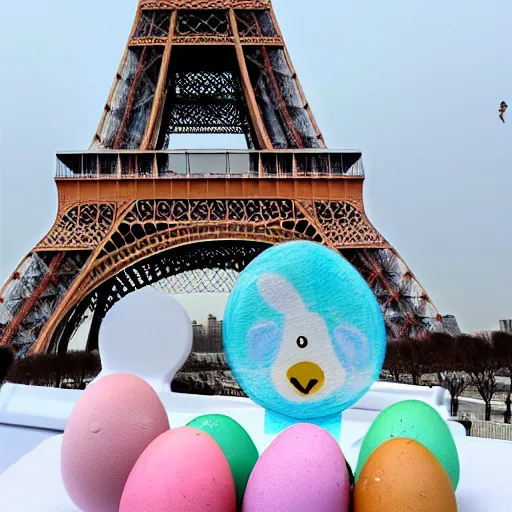 Image similar to A polar bear painting easter eggs in front of the Eiffel Tower