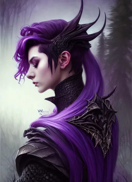 Image similar to side portrait dark witch, adventurer outfit large cloak, fantasy forest landscape, dragon scales, fantasy magic, undercut hairstyle, short purple black fade hair, dark light night, intricate, elegant, sharp focus, illustration, highly detailed, digital painting, concept art, matte, art by WLOP and Artgerm and Greg Rutkowski and Alphonse Mucha, masterpiece