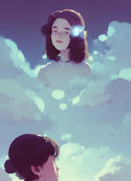 Image similar to portrait of cute maiden girl cowered, cloud sky background, by atey ghailan, by greg rutkowski, by greg tocchini, by james gilleard, by joe gb fenton, by kaethe butcher, dynamic lighting, gradient light blue, brown, blonde cream and white color in scheme, grunge aesthetic