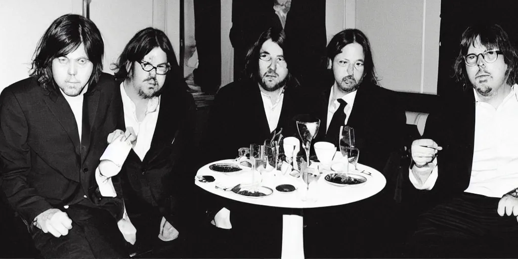 Prompt: “ david foster wallace and thomas pynchon at a dinner party hosted by haruki murakami, all are dressed in suits ”