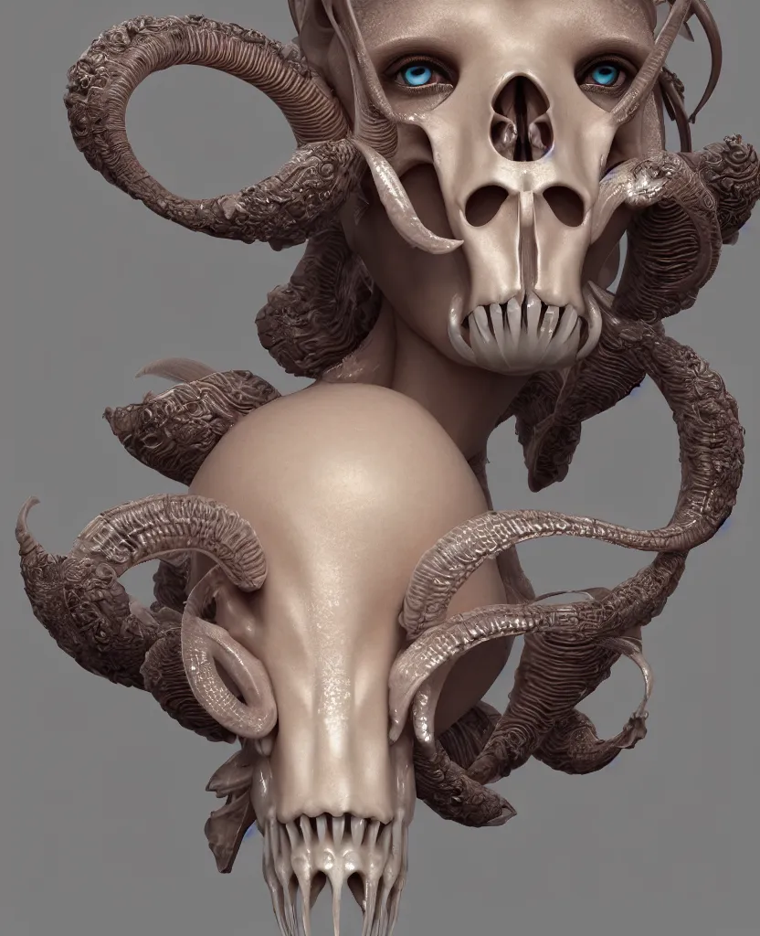 Image similar to goddess princess face close-up portrait ram skull. hard surface sculpting zbrush. jellyfish phoenix head, nautilus, orchid, skull, betta fish, bioluminiscent creatures, intricate artwork by Tooth Wu and wlop and beeple. octane render, trending on artstation, greg rutkowski very coherent symmetrical artwork. cinematic, hyper realism, high detail, octane render, 8k