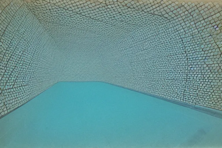 Image similar to underwater footage of a non - euclidean, geometric tiled swimming pool tunnels into infinity, cubic and right angles, cube portals, 1 9 7 0 s, ektachrome photograph, volumetric lighting, f 8 aperture, cinematic eastman 5 3 8 4 film stanley kubrick