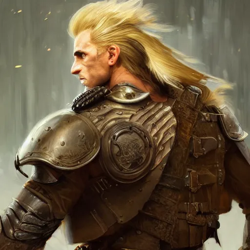 Image similar to rear side portrait of a muscular, ponytail haired blonde man with a armored left arm, wearing a brown leather coat, looking to his left, DnD, fantasy, detailed, digital art by Ruan Jia