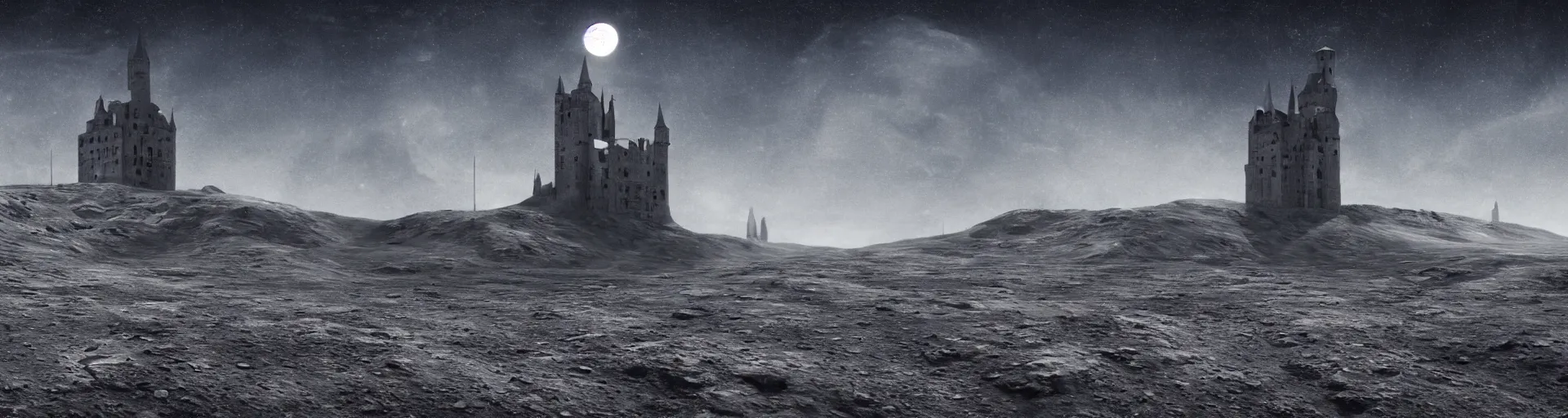 Prompt: landscape of the lunar surface with a spooky medieval castle tower on the far left, digital art