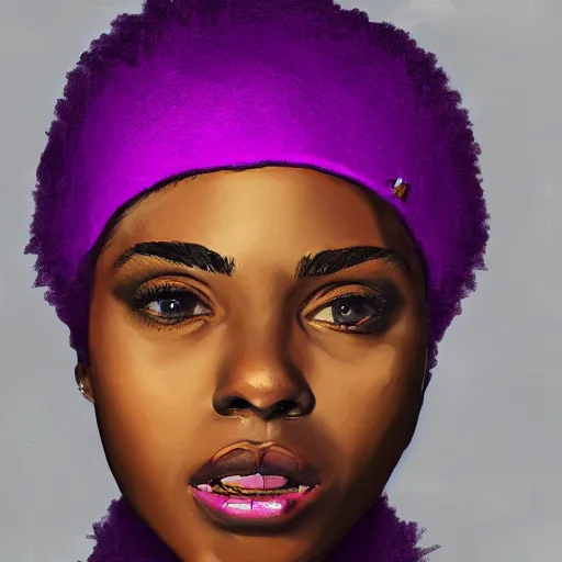 Prompt: a black young woman with bright pink hair and a purple hat, portrait, highly detailed, digital painting