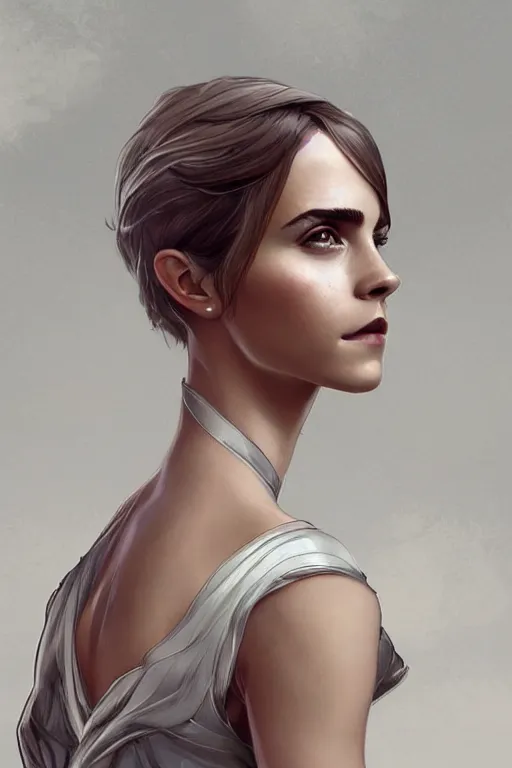 Prompt: science-fiction character portrait of emma watson, short silver hair, tall, elegant, highly detailed, digital painting, artstation, upper body, concept art, smooth, sharp focus, illustration, art by artgerm and greg rutkowski and alphonse mucha