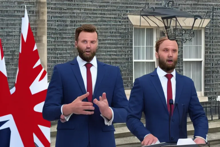 Image similar to giga chad in a suit giving a speech as prime minister, photorealistic, 8 k, 1 0 downing street background