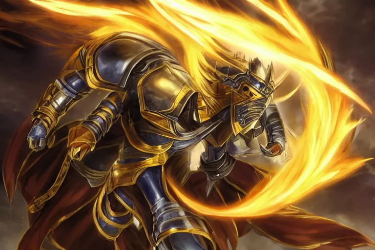 Image similar to an ultra detailed portrait of saladin as a shonen anime protagonist charging into battle wearing bright gold armor and huge flaming longsword blessed by god, epic anime fantasy, 8 k, volumetric lighting, smooth, highly detailed, digital illustration, art by kentaro miura and akira toriyama and albert bierstadt and greg rutkowsi, artstation