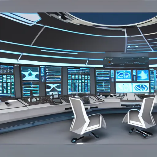 Image similar to futuristic mission control center, johnson space center, concept art, 3 d render, high quality