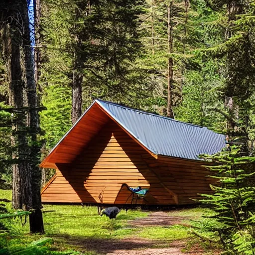 Image similar to a modern cabin in a forest with deers and rabbits and many animals around