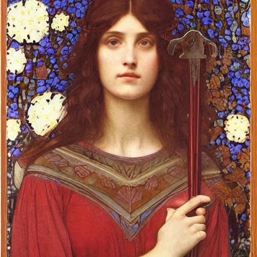Prompt: Pre-Raphaelite painting of a woman with dark hair in a dark red dress holding a sword in her lap, sitting on a throne of rocks looking down on you, surrounded by flowers and neural networks and geometric drawings, by John William Waterhouse, Pre-Raphaelite painting
