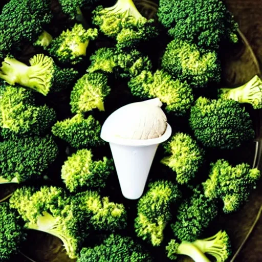 Prompt: a photograph of a levitating ice cream cone filled with broccoli