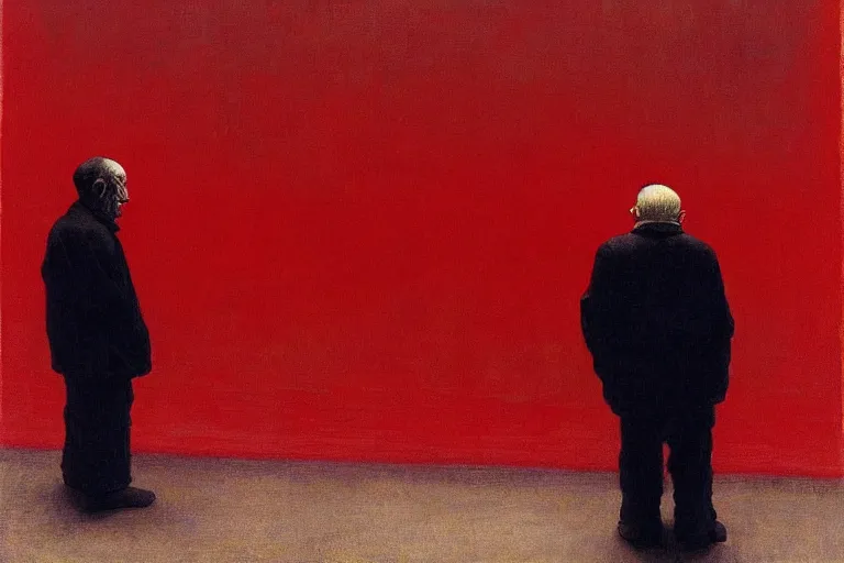 Prompt: only with red, a red old man try to sell a portrait, cheering crowd, in a old city square, in the style of beksinski, parts by edward hopper, parts by rodcenko, parts by yue minjun, intricate and epic composition, red by caravaggio, insanely quality, highly detailed, masterpiece, red light, artstation, 4 k