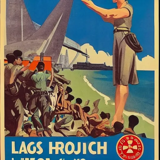 Prompt: ww 2 propaganda poster showing the tropical city of lagos nigeria