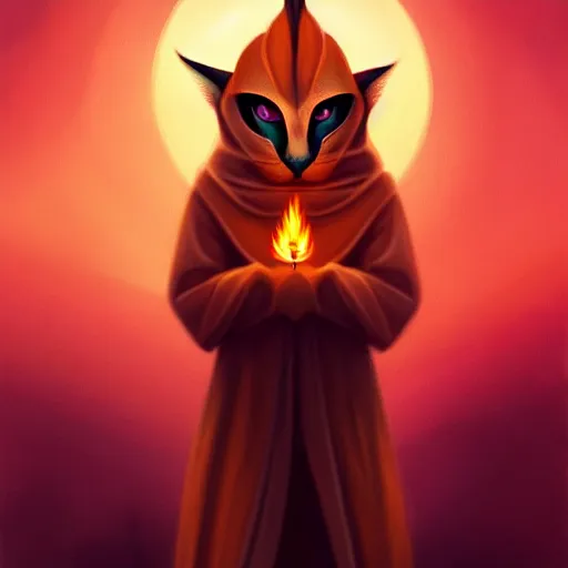 Prompt: ( a cute caracal with a hood that covers half his face carries an incense burner that emits a pleasantly colored flame. ) by anato finnstark, dream, full body portrait, dynamic lighting, beautiful, trending on artstation, wallpaper, 4 k, award winning, digital art, very detailed faces