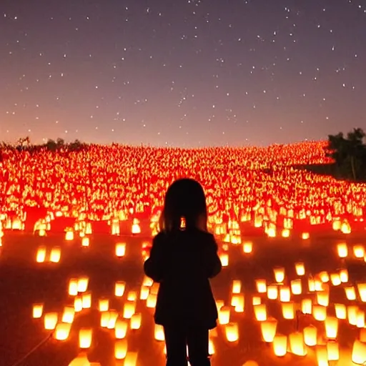 Prompt: a little girl watching hundreds of chinese sky lanterns in the night sky