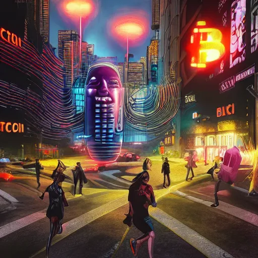 Prompt: people running away scared from bitcoin city, bitcoin evil, cyberpunk art ultrarealistic 8k