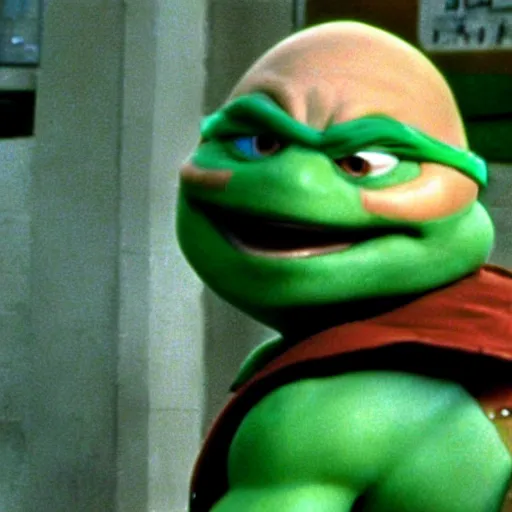 Prompt: Danny DeVito as a Ninja Turtle in Teenage Mutant Ninja Turtles (1990), film still, photo