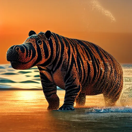 Prompt: a closeup photorealistic photograph of a cute smiling knitted tiger hippopotamus chasing beachballs during sunset. teeth exposed, surf in the background. professional capture. this 4 k hd image is trending on artstation, featured on behance, well - rendered, extra crisp, features intricate detail, epic composition and the style of unreal engine.