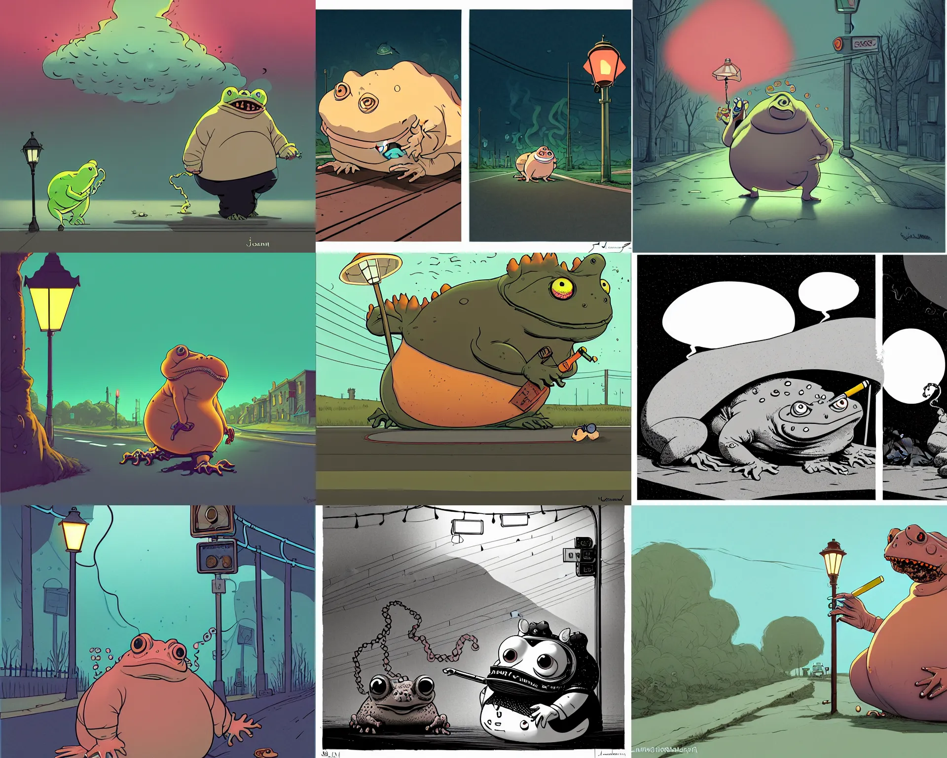 Prompt: a study of cell shaded cartoon of an obese lovecraftian scary toad smoking a cigarette on a country road, street lamps, road, illustration, wide shot, subtle colors, post grunge, concept art by josan gonzales and wlop, by james jean, Victo ngai, David Rubín, Mike Mignola, Laurie Greasley, highly detailed, sharp focus, Trending on Artstation, HQ, deviantart, art by artgem
