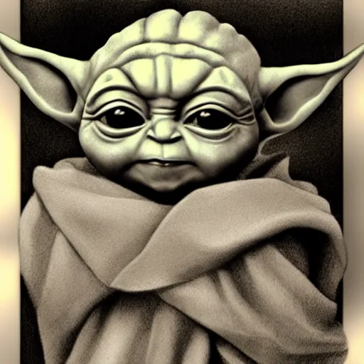 Image similar to Leonardo DaVinci grayscale pencil sketch of low polygon cute baby yoda