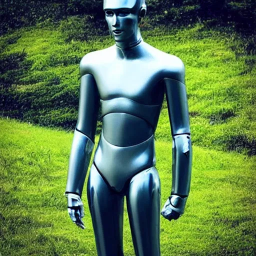 Image similar to “a realistic detailed photo of a guy who is an attractive humanoid who is half robot and half humanoid, who is a male android, twitch streamer and youtuber Ludwig Ahgren, shiny skin, posing like a statue, blank stare”