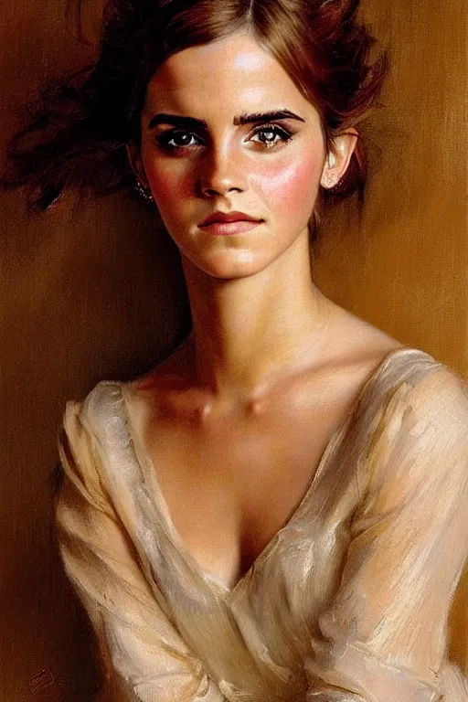 Image similar to detailed portrait of a beautiful emma watson 1 9 7 0 s hairstyle muscular, painting by gaston bussiere, craig mullins, j. c. leyendecker