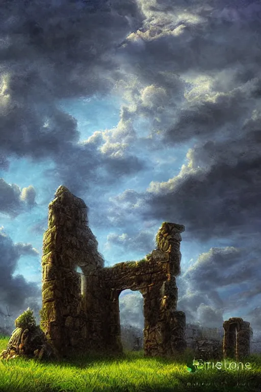 Image similar to digital painting detailed mystical ruins druid stone under a magic sky by James gurney