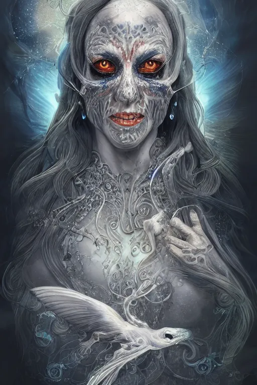 Image similar to a wlop 3 d render of very very very very highly detailed beautiful mystic portrait of a phantom undead raven with whirling galaxy around, tattoos by anton pieck, intricate, extremely detailed, digital painting, artstation, concept art, smooth, sharp focus, illustration, intimidating lighting, incredible art,