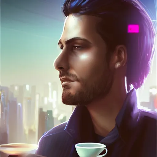 Prompt: portrait of a handsome software engineer having a cup of coffee. cyberpunk style, digital art artstation cgsociety