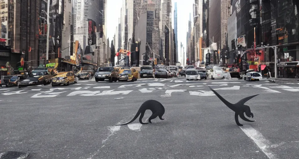 Prompt: a T-Rex walking in New York City