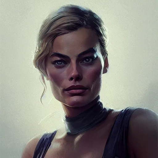 Image similar to “Portrait of Margot Robbie by Greg Rutkowski, young, attractive, highly detailed portrait, scifi, digital painting, artstation, concept art, smooth, sharp foccus ilustration, Artstation HQ”