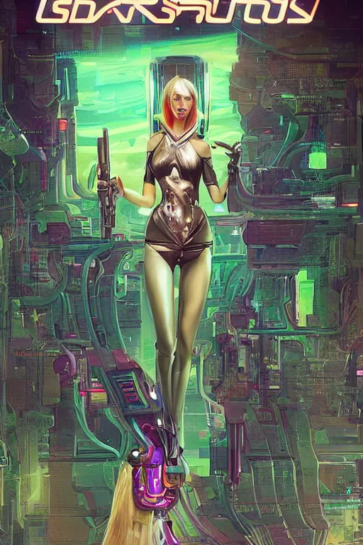 Prompt: attractive female android in feminine pose on a hyper-maximalist overdetailed retrofuturist scifi bookcover illustration from '70s. Inspired by shadowrun darkscifi utopia.. Biopunk, solarpunk style. Daytime. Made by echo chernik. Artstation.