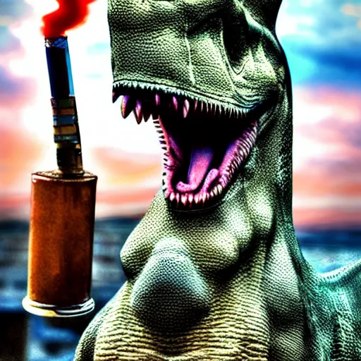 Image similar to dinosaur smoking a cigarette in their mouth realistic hdr professional shot