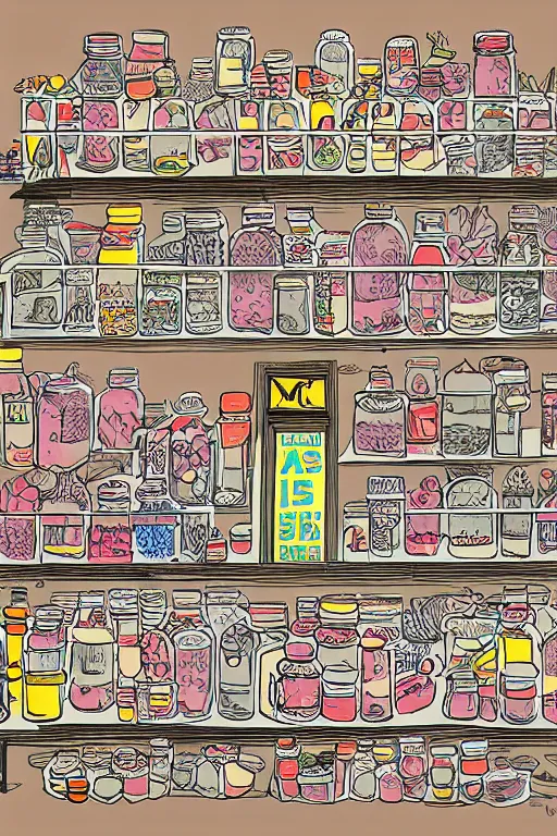 Image similar to mcbess illustration of a old shop full of jars of sweets, rainbow gouache