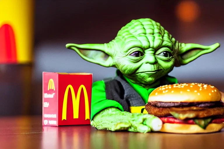 Prompt: yoda, disappointed, yoda sitting behind a table inside mcdonald's, small red cardboard box on table, yellow m logo on box, flat cheeseburger 3 5 mm, f / 2. 8