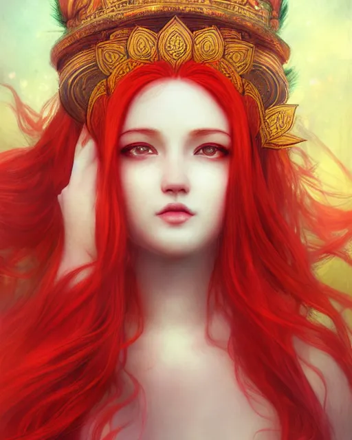 Image similar to the goddess of summer, with lotus on her head, red hair, half - length head portrait, dreamy, beautiful, by wlop