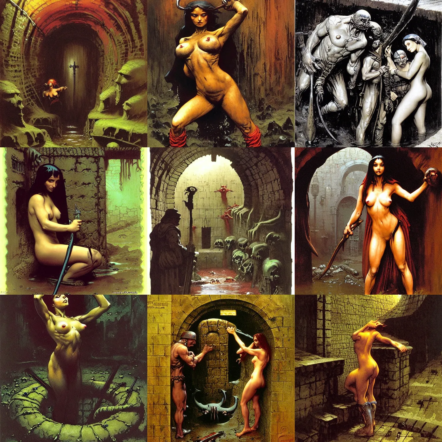 Prompt: slimy damp medieval sewer by frank frazetta, ken kelly, simon bisley, richard corben, william - adolphe bouguereau