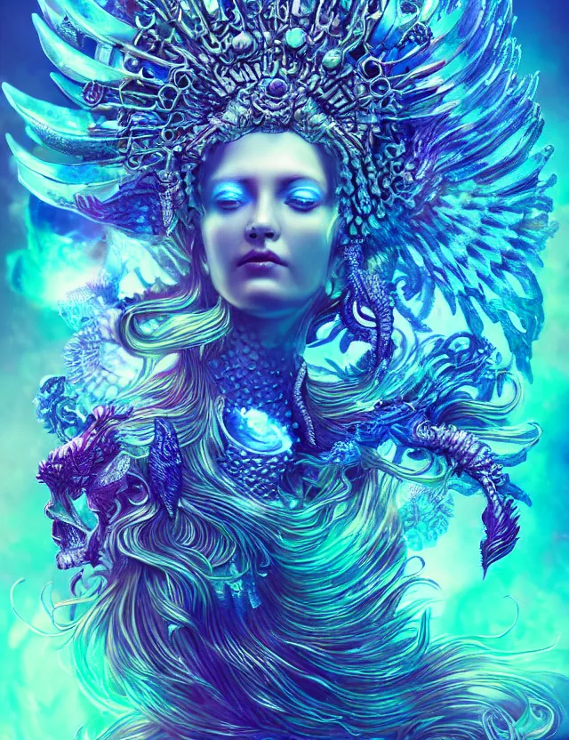 Image similar to goddess phoenix macro close - up portrait with crown made of ram skull. phoenix, betta fish, jellyfish, bioluminiscent, plasma, ice, water, wind, creature, super intricate ornaments artwork by tooth wu and wlop and beeple and greg rutkowski