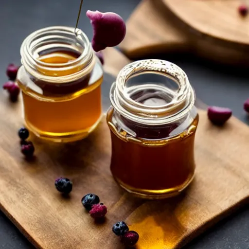 Image similar to dingleberry honey, honey with fresh dingleberries floating inside, food photography