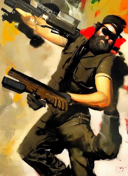 Image similar to keemstar pointing a gun, shooting, muzzle flash, enraged, painting by phil hale, 'action lines'!!!, graphic style, visible brushstrokes, motion blur, blurry