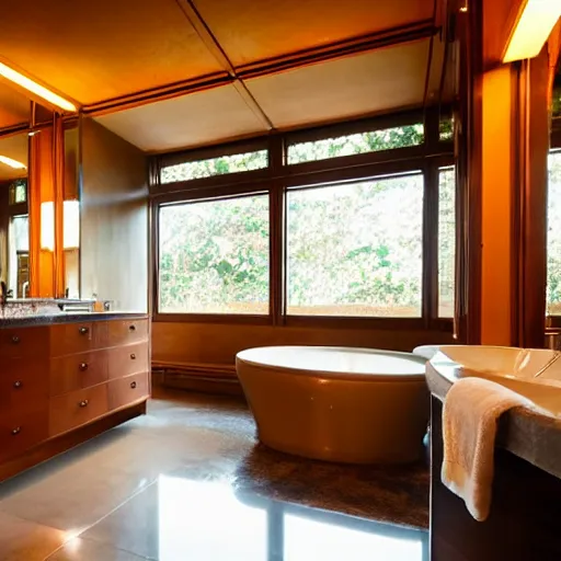 Prompt: a large stocked bathroom designed by Frank Lloyd Wright, bright lights, a bidet, a toilet, two cabinets, a full mirror, wide angle shot