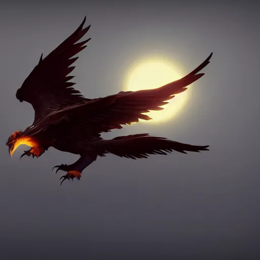 Prompt: phoenix flying in front of the moon, glowing light, fire, unreal engine, octane render, greg rutkowski, 8 k